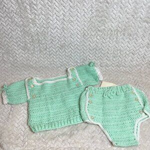 Vintage Handmade Light Green Knitted 2 piece Infant Outfit OS OOAK